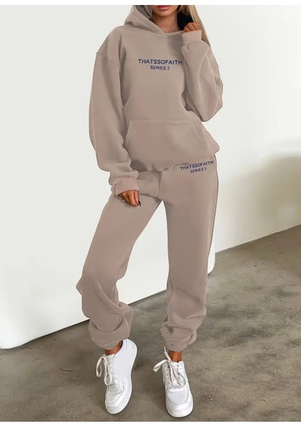 Büyük Beden Özel Tasarım Kapüşonlu Thatss Of Aıth Baskılı %100 Pamuk Kışlık Modern Kadın Eşofman Takımı