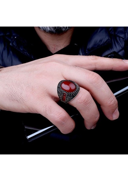 Akik Taşlı Oval Model 925 Ayar Gümüş Erkek Yüzük