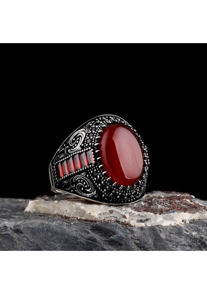 Akik Taşlı Oval Model 925 Ayar Gümüş Erkek Yüzük fırsatları