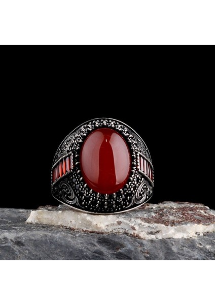 Akik Taşlı Oval Model 925 Ayar Gümüş Erkek Yüzük indirimleri
