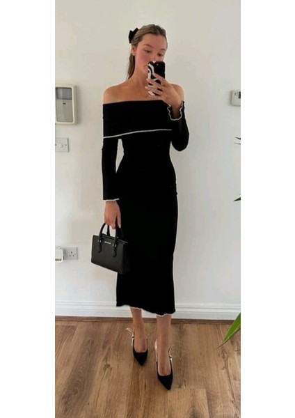 Kadın Madonna Yaka Omuzları Açıkuzun Elbise fiyatları