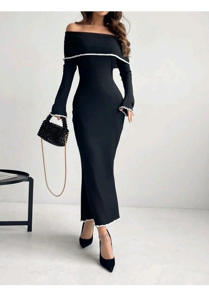 Kadın Madonna Yaka Omuzları Açıkuzun Elbise modelleri