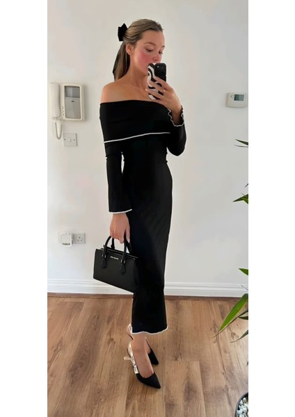 Kadın Madonna Yaka Omuzları Açıkuzun Elbise