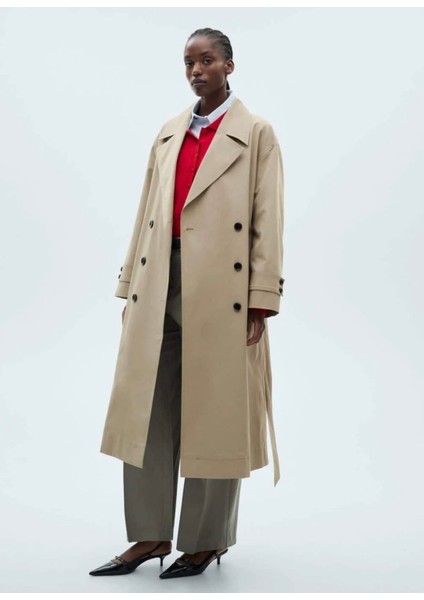 Oversize Uzun Çift Düğmeli Trençkot