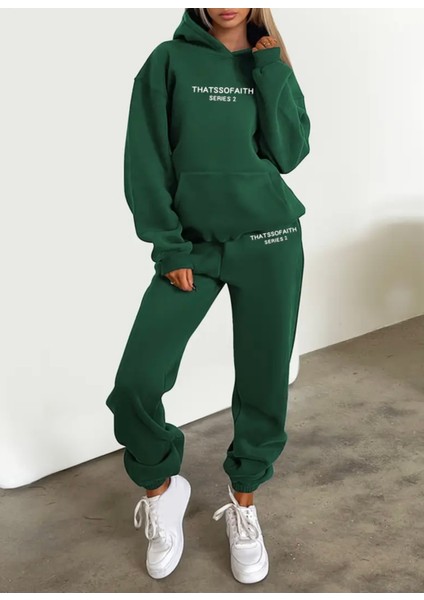 Büyük Beden Özel Tasarım Kapüşonlu Thatss Of Aıth Baskılı %100 Pamuk Kışlık Modern Kadın Eşofman Takımı