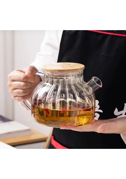 Bambu Zarafeti, Balık Sırtı, Dilimli Model 1000 ml Süzgeçli Cam Demlik Bitki Çayları, Borosilikat