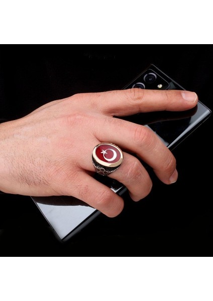 Kırmızı Mineli Ayyıldız Model 925 Ayar Gümüş Erkek Yüzük