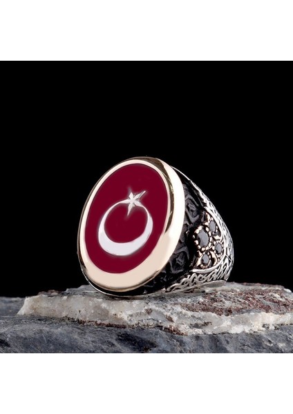 Kırmızı Mineli Ayyıldız Model 925 Ayar Gümüş Erkek Yüzük modelleri