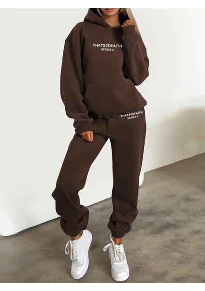 Büyük Beden Özel Tasarım Kapüşonlu Thatss Of Aıth Baskılı %100 Pamuk Kışlık Modern Kadın Eşofman Takımı