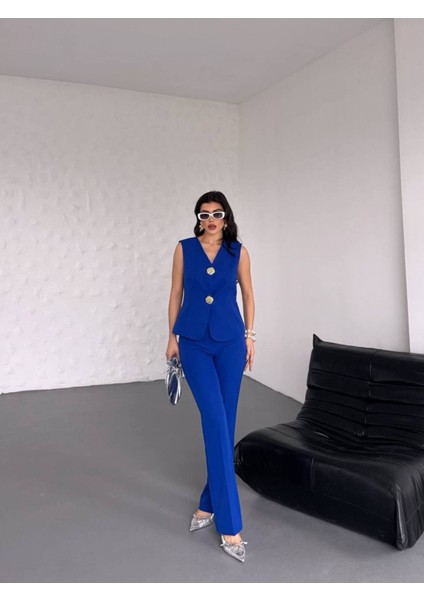 Kadın Gold Kurabiye Düğmeli Yelek Pantolon Takım Elbise