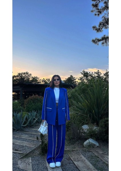 Kadın Çizgi Detaylı Blazer Ceket Palazzo Pantolon Takım Elbise