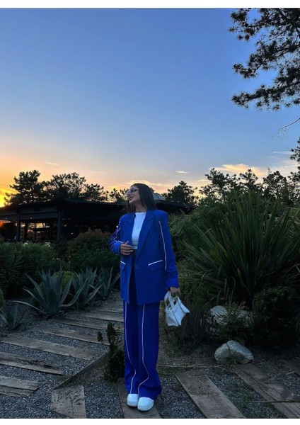 Kadın Çizgi Detaylı Blazer Ceket Palazzo Pantolon Takım Elbise modelleri