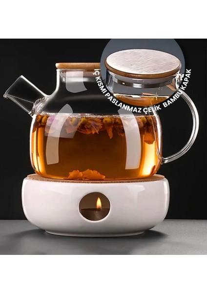 Isıya Dayanaklı Borosilikat Süzgeçli Cam Demlik (1000ML) Vakumlu Bambu Kapak modelleri