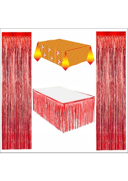 Taraftar Sarı Kırmızı Masa Örtüsü, Kırmızı Masa Eteği, 2 Adet Kırmızı Arka Fon