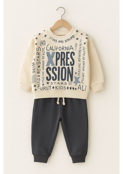 MNV-1045 Erkek Çocuk %100 Pamuk 2 Iplik Baskılı Gri Eşofman Takımı