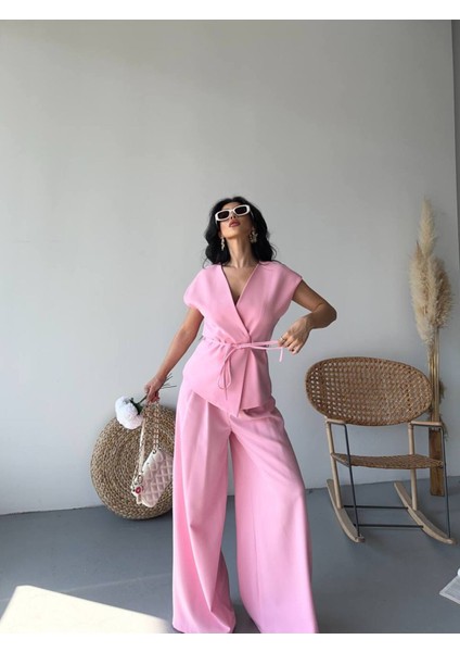 Kadın Kuşaklı Yelekli Palazzo Pantolonlu Takım Elbise modelleri