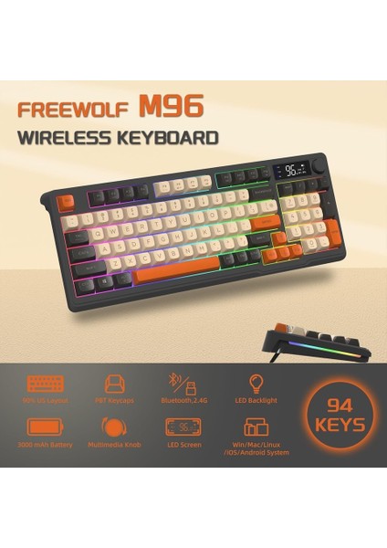 Freewolf M96 2.4g+Bt5.0 Çift Bağlantılı Tft LED Ekranlı Manyetik Switch Reinbow Gaming Oyuncu Klavye indirimleri