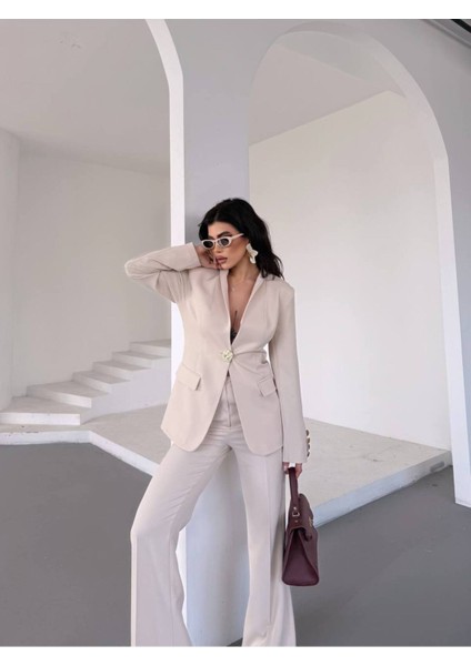 Kadın Gold Kurabiye Düğmeli Blazer Ceket Palazzo Pantolon Takım Elbise modelleri