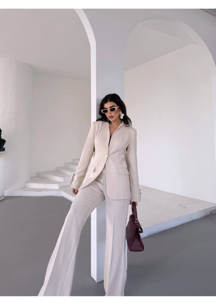 Kadın Gold Kurabiye Düğmeli Blazer Ceket Palazzo Pantolon Takım Elbise fırsatları
