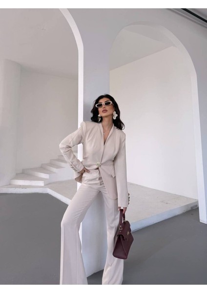 Kadın Gold Kurabiye Düğmeli Blazer Ceket Palazzo Pantolon Takım Elbise indirimleri