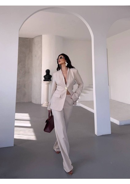 Kadın Gold Kurabiye Düğmeli Blazer Ceket Palazzo Pantolon Takım Elbise