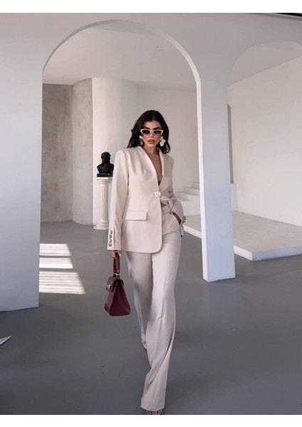 Kadın Gold Kurabiye Düğmeli Blazer Ceket Palazzo Pantolon Takım Elbise