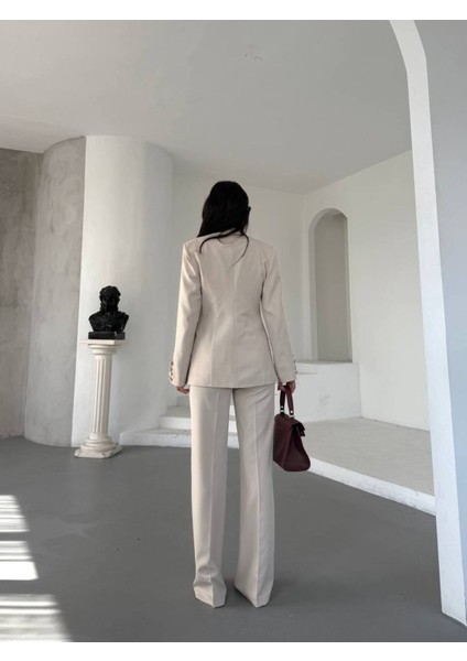Kadın Gold Kurabiye Düğmeli Blazer Ceket Palazzo Pantolon Takım Elbise