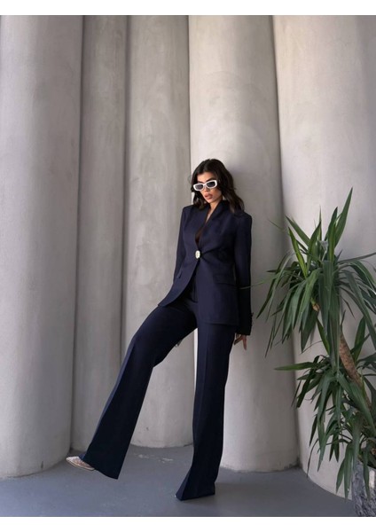 Kadın Gold Kurabiye Düğmeli Blazer Ceket Palazzo Pantolon Takım Elbise modelleri