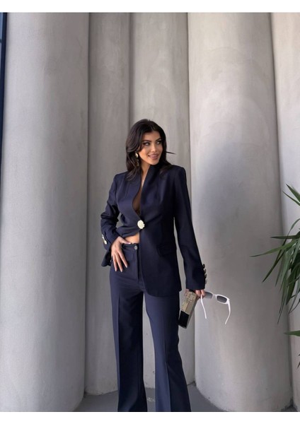 Kadın Gold Kurabiye Düğmeli Blazer Ceket Palazzo Pantolon Takım Elbise indirimleri