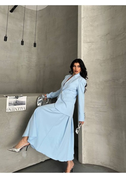 Kadın Gold Kurabiye Düğmeli Blazer Ceket Etek Takım Elbise fiyatları