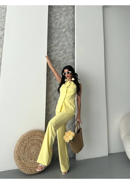 Kadın Alt Üst Takım Şık Düğme Detaylı Premium Yelek Pantolon Ikili Takım Elbise