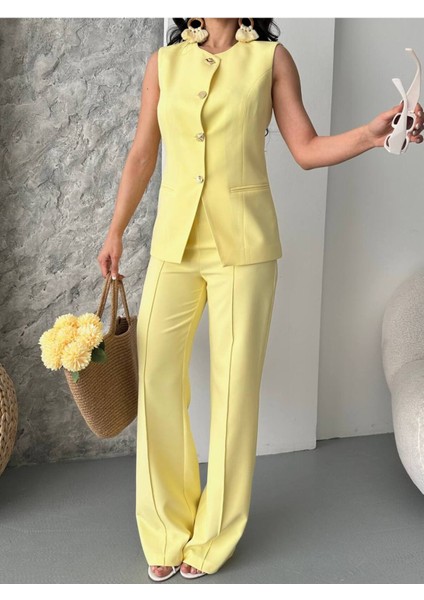 Kadın Alt Üst Takım Şık Düğme Detaylı Premium Yelek Pantolon Ikili Takım Elbise