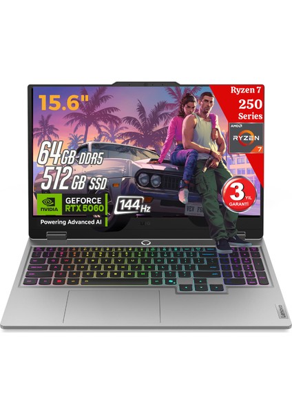Loq 15AHP10 Aı Amd Ryzen7 250 64GB Ddr5 512GB SSD RTX5060 8gddr7 15.6 Fhd 144Hz Freedos 83JG006FTR Taşınabilir Bilgisayar (Yapay Zeka Destekli)
