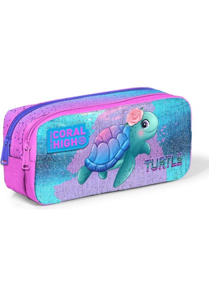 Kids Açık Pembe Mavi Kaplumbağa Desenli Iki Bölmeli Kalem Çantası 12061
