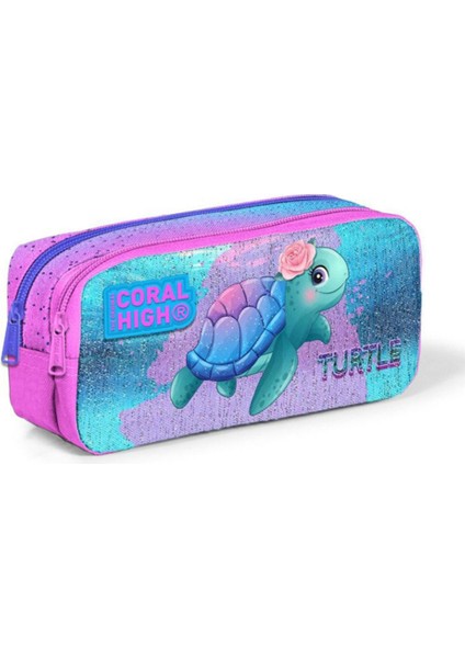Kids Açık Pembe Mavi Kaplumbağa Desenli Iki Bölmeli Kalem Çantası 12061 fırsatları
