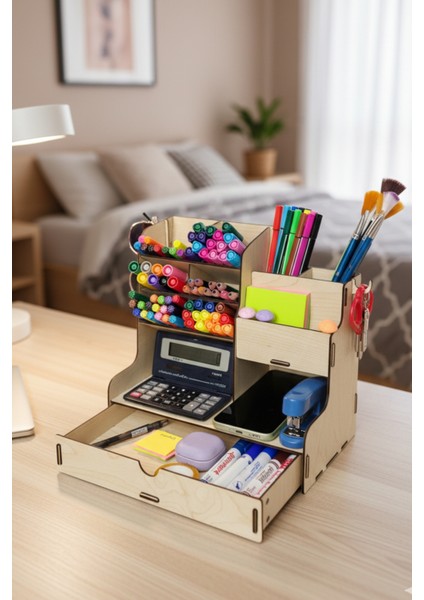 Lucky 10 Gözlü Çekmeceli Masaüstü Ahşap Organizer Kalemlik- Takı Makyaj Çok Amaçlı Organizer