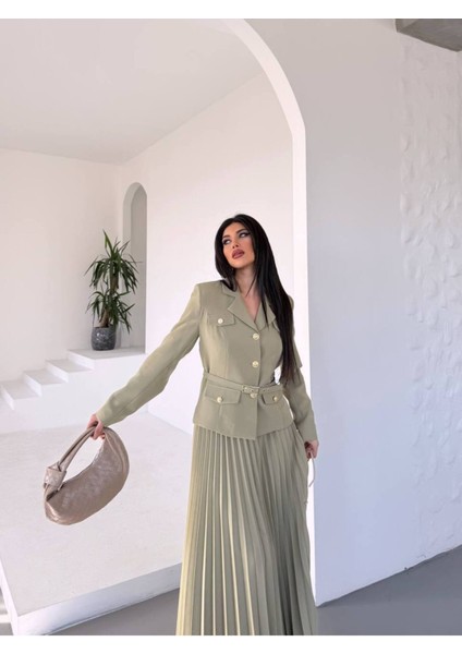 Kadın Kemerli Gold Düğmeli Premium Ceket Pileli Uzun Etek Takım Elbise indirimleri