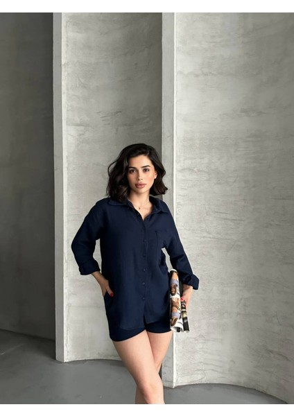 Kadın Keten Görünümlü Yazlık Gömlek Şort Ikili Takım modelleri