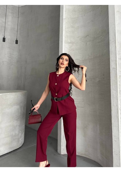 Kadın Kemerli Yelek Palazzo Pantolon Ikili Takım Elbise fırsatları