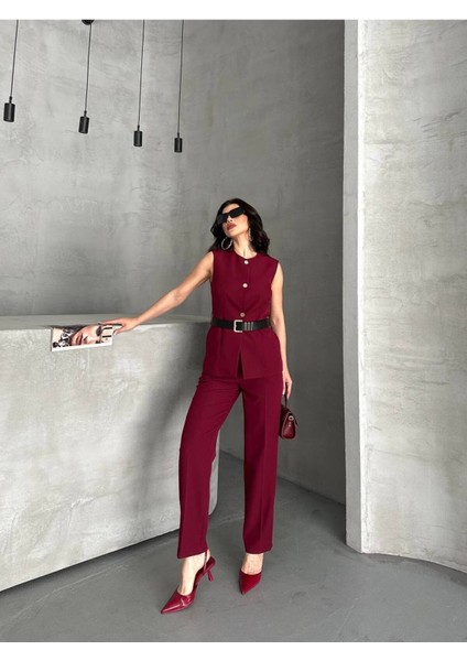 Kadın Kemerli Yelek Palazzo Pantolon Ikili Takım Elbise indirimleri