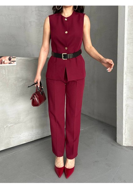 Kadın Kemerli Yelek Palazzo Pantolon Ikili Takım Elbise