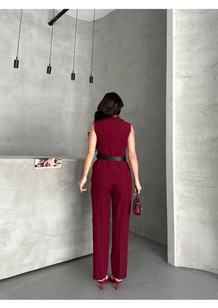 Kadın Kemerli Yelek Palazzo Pantolon Ikili Takım Elbise
