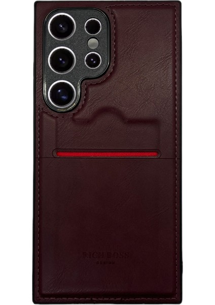Samsung Galaxy S22 Ultra Deri Kartlıklı Lüks Kılıf Koyu Kırmızı