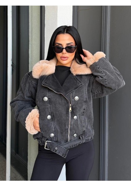 Sagi Kadın Manşet & Yaka Kürk Detaylı Metal Düğme Çapraz Fermuarlı Içi Full Kürklü Kot Mont