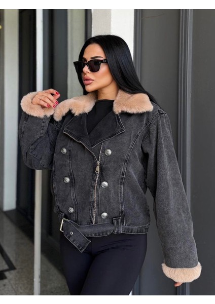 Sagi Kadın Manşet & Yaka Kürk Detaylı Metal Düğme Çapraz Fermuarlı Içi Full Kürklü Kot Mont fiyatları