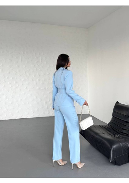 Kadın Zımba Kemer Detaylı Çıtçıtlı Cekete Palazzo Pantolon Şık Takım Elbise