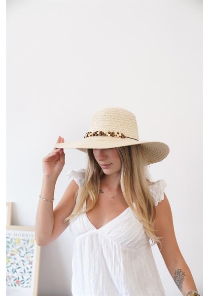 Kadın Axl Bej Kahve Boncuk Detaylı Hasır Şapka
