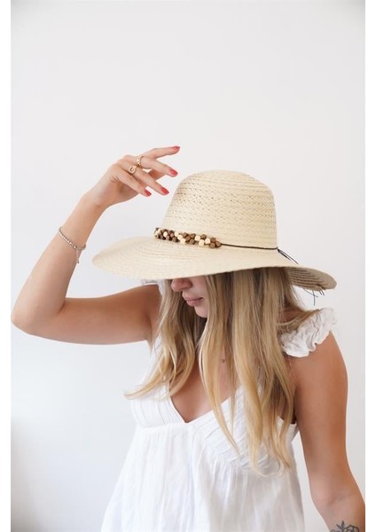 Kadın Axl Bej Kahve Boncuk Detaylı Hasır Şapka modelleri