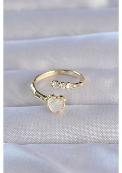 Pirinç Gold Renk Zirkon Taşlı Sedefli Kalp Model Ayarlanabilir Yüzük - Lisinya fiyatları