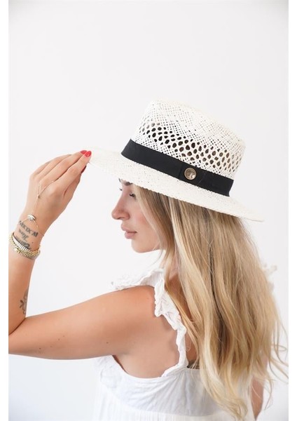 Kadın Mdre Beyaz Delikli Hava Alabilen Hasır Şapka